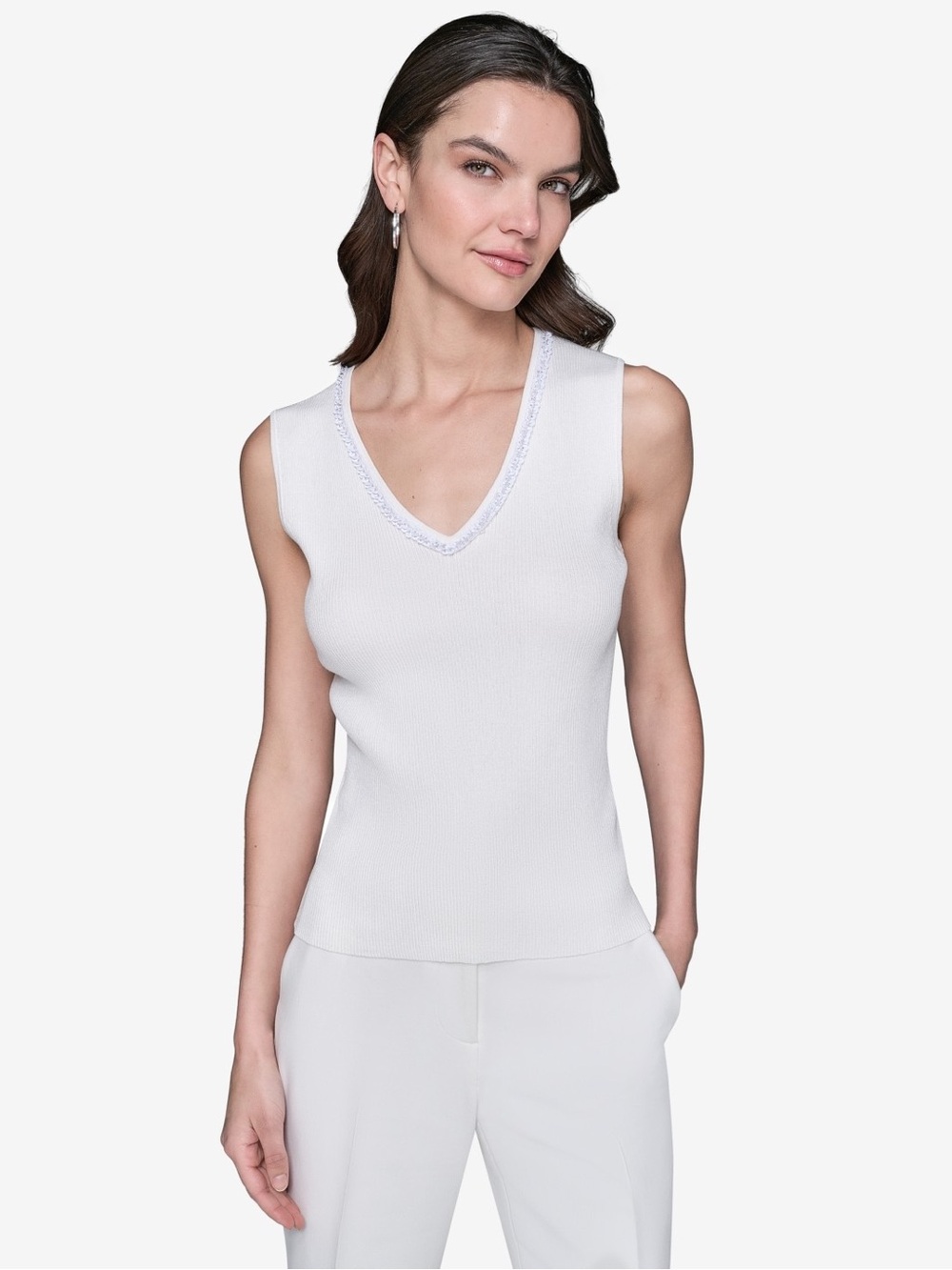 Karl Lagerfeld White V-Neck Ribbed Sleeveless Top